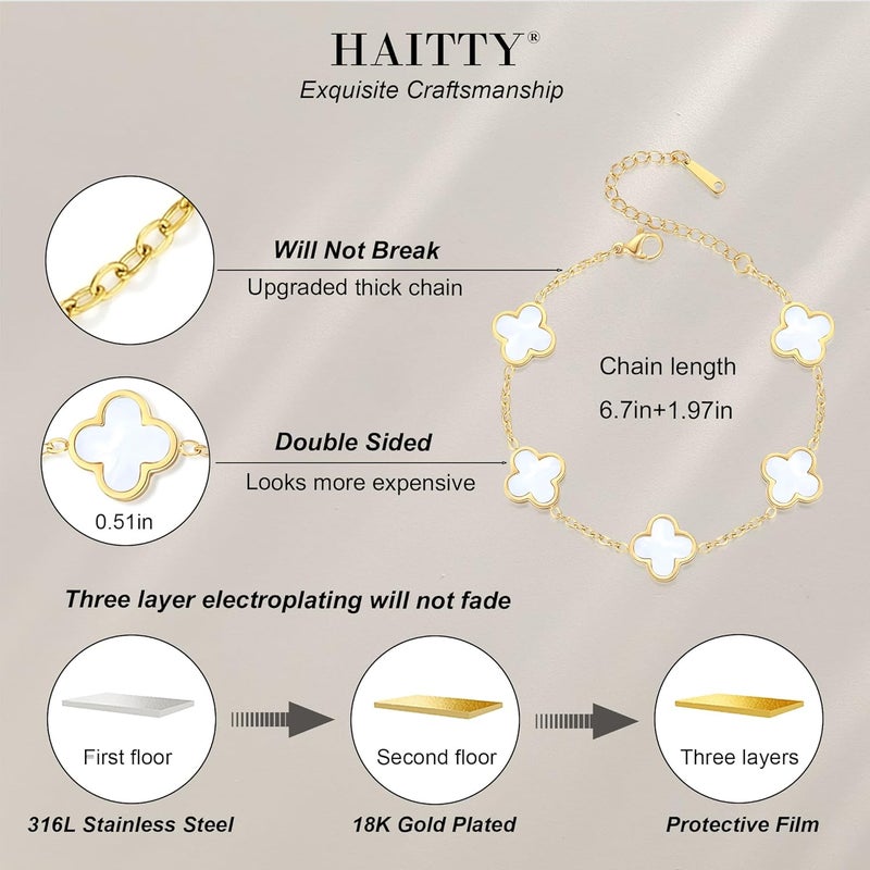 HAITTY 18K Gold Plated Clover Bracelet Set for Women White/Black/Gold/Silver/Green/Pink Adjustable Link Double-Sided Lucky Bracelets Trendy Bracelets Set Jewelry Gifts for Women Men - Image 1